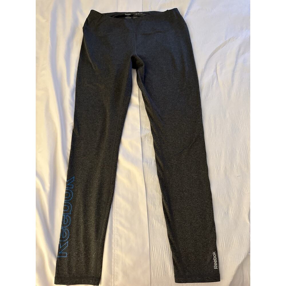 Reebok Yoga Pants Gray Blue Logo Women's Medium Activewear Athletic Sport Ankle